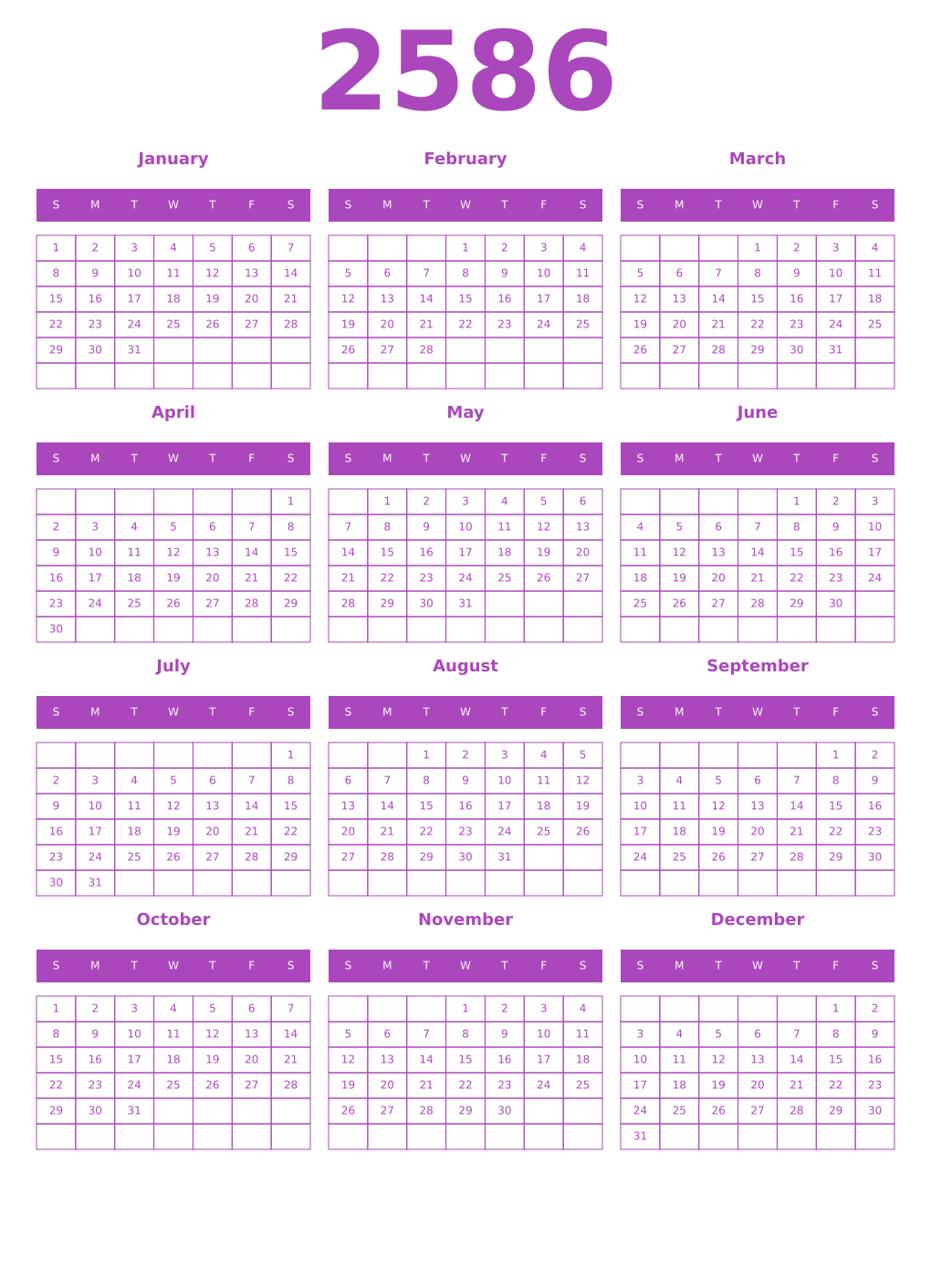 Printable 2586 Year Calendars purple