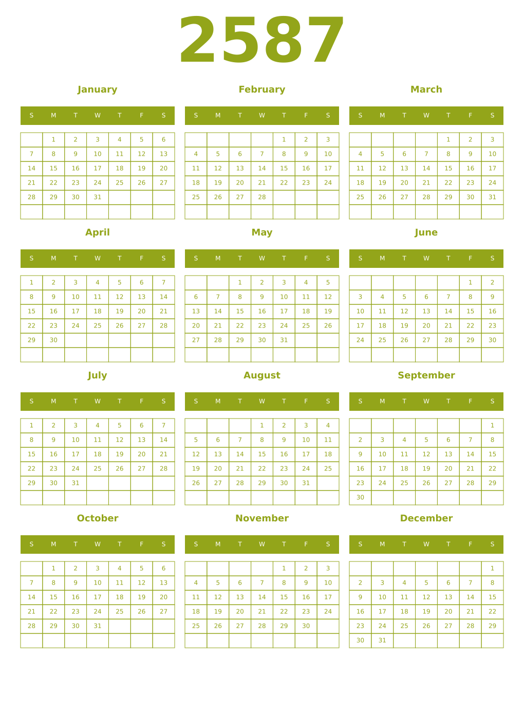 Printable 2587 Year Calendars chartreuse