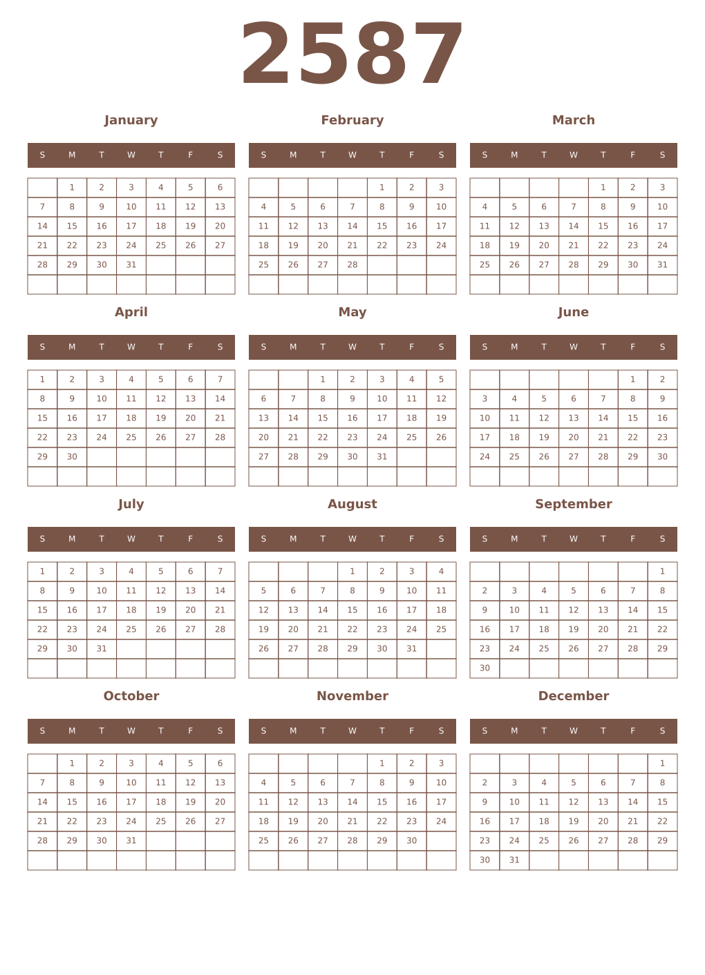 Printable 2587 Year Calendars coffe