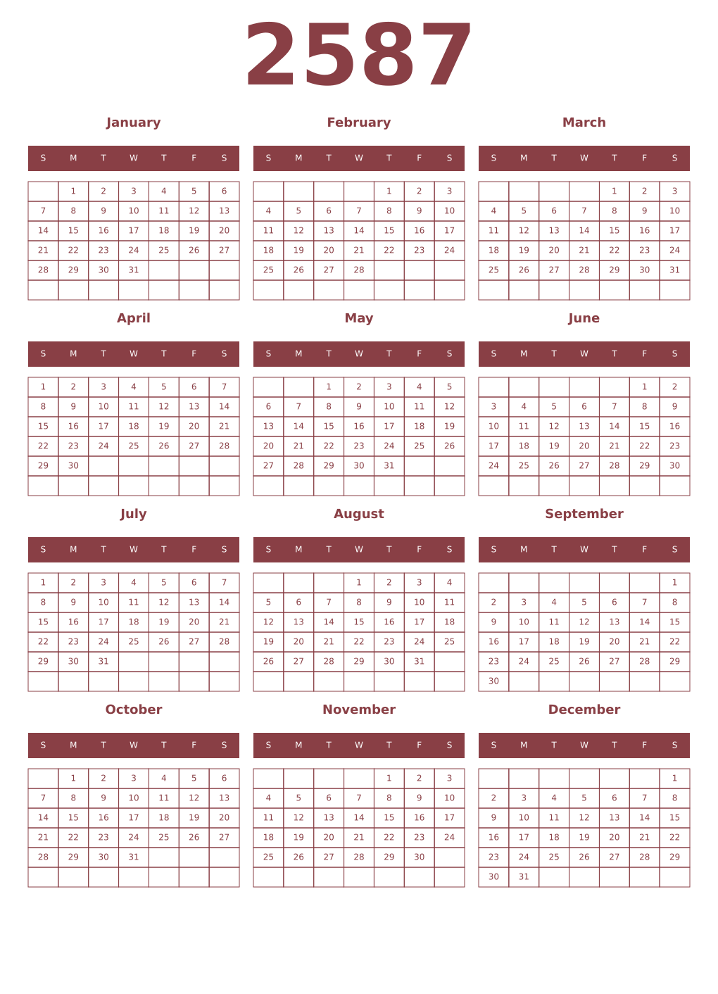 Printable 2587 Year Calendars cordovan