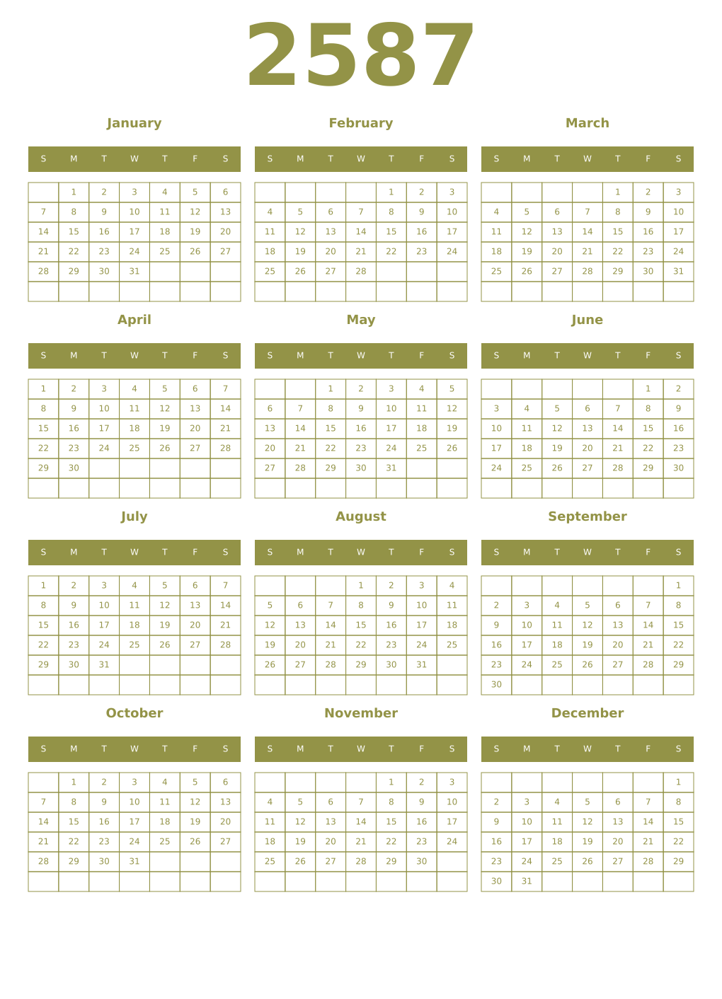 Printable 2587 Year Calendars eburnean
