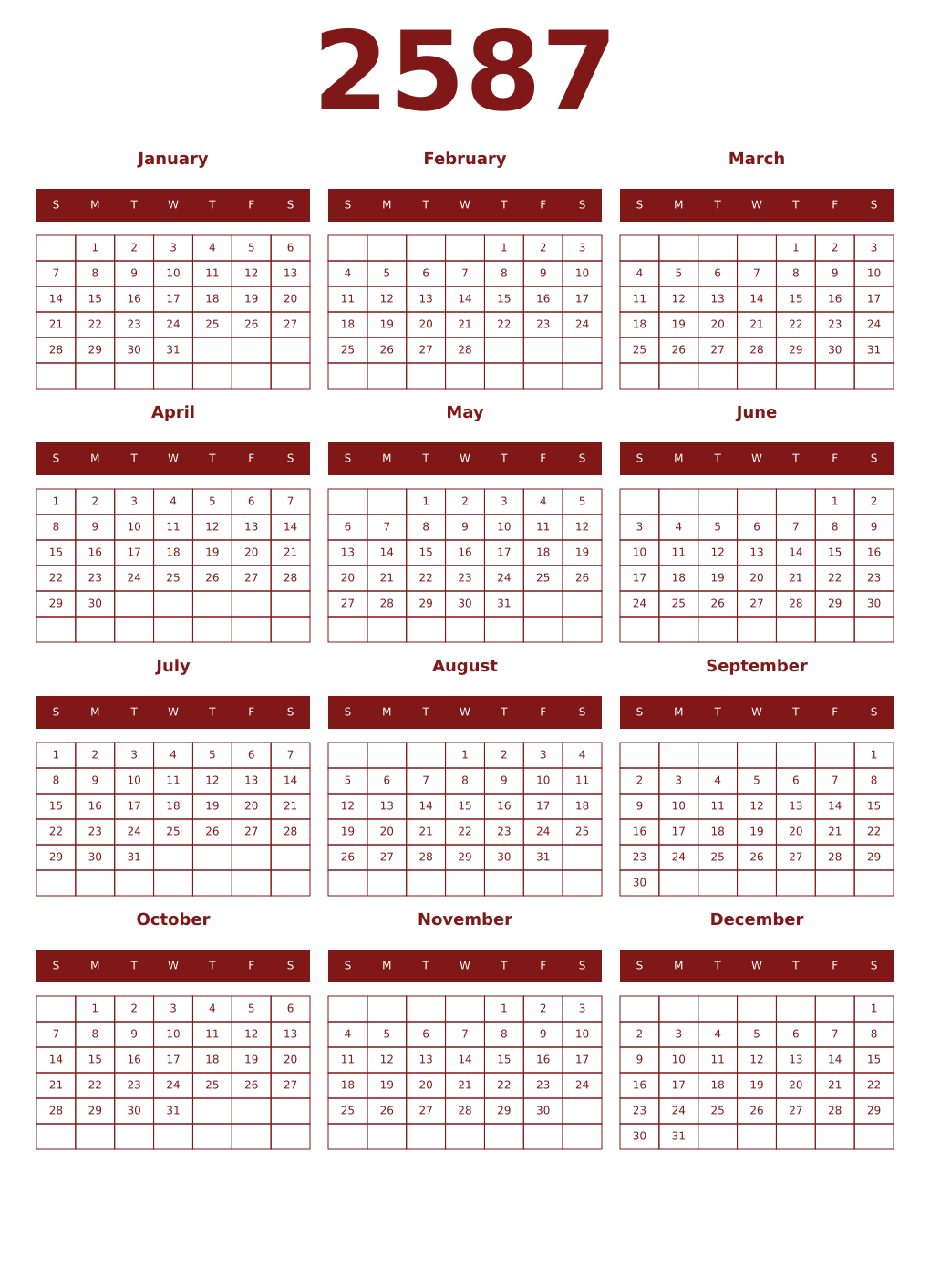 Printable 2587 Year Calendars falu