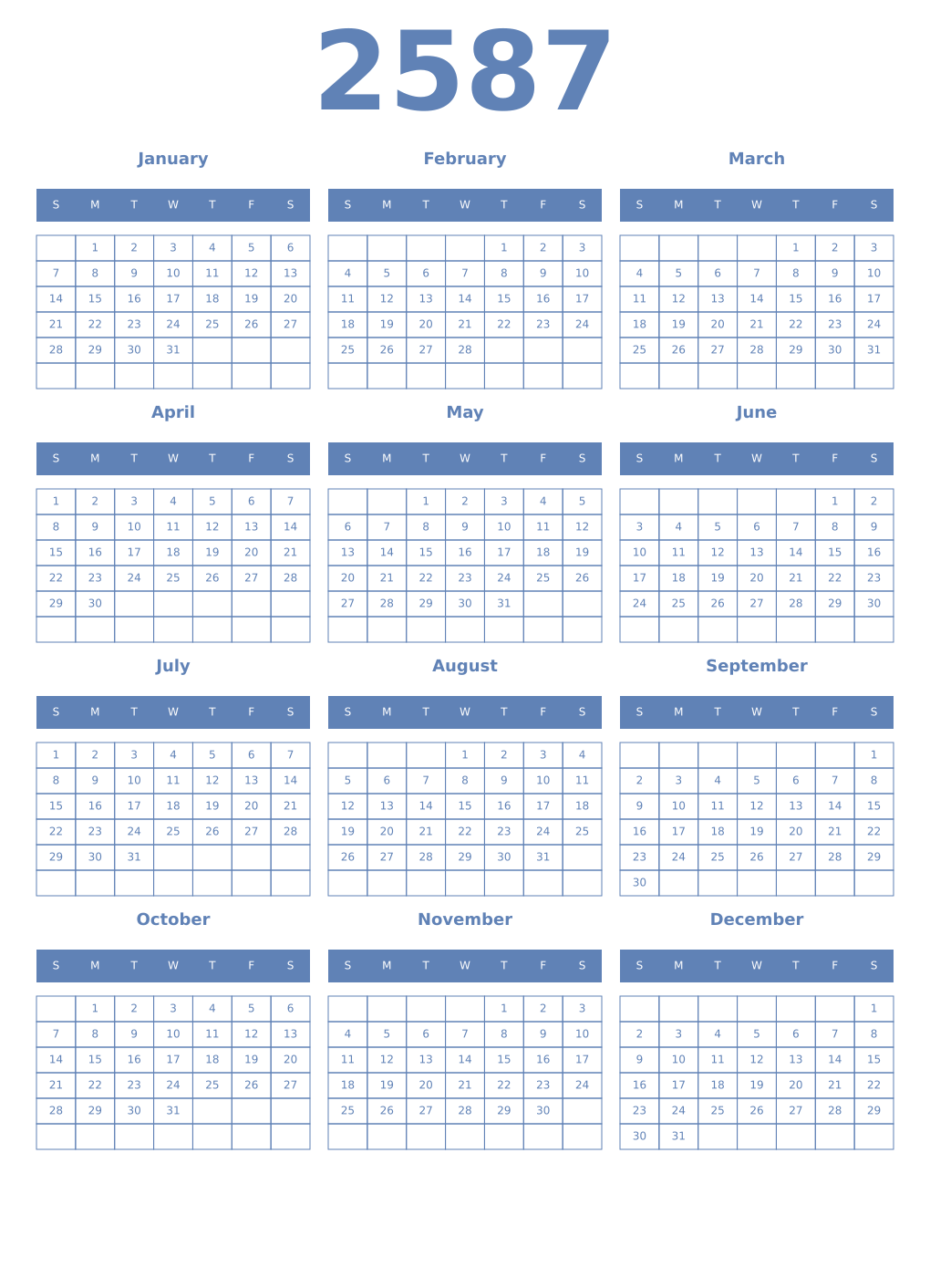 Printable 2587 Year Calendars glaucous