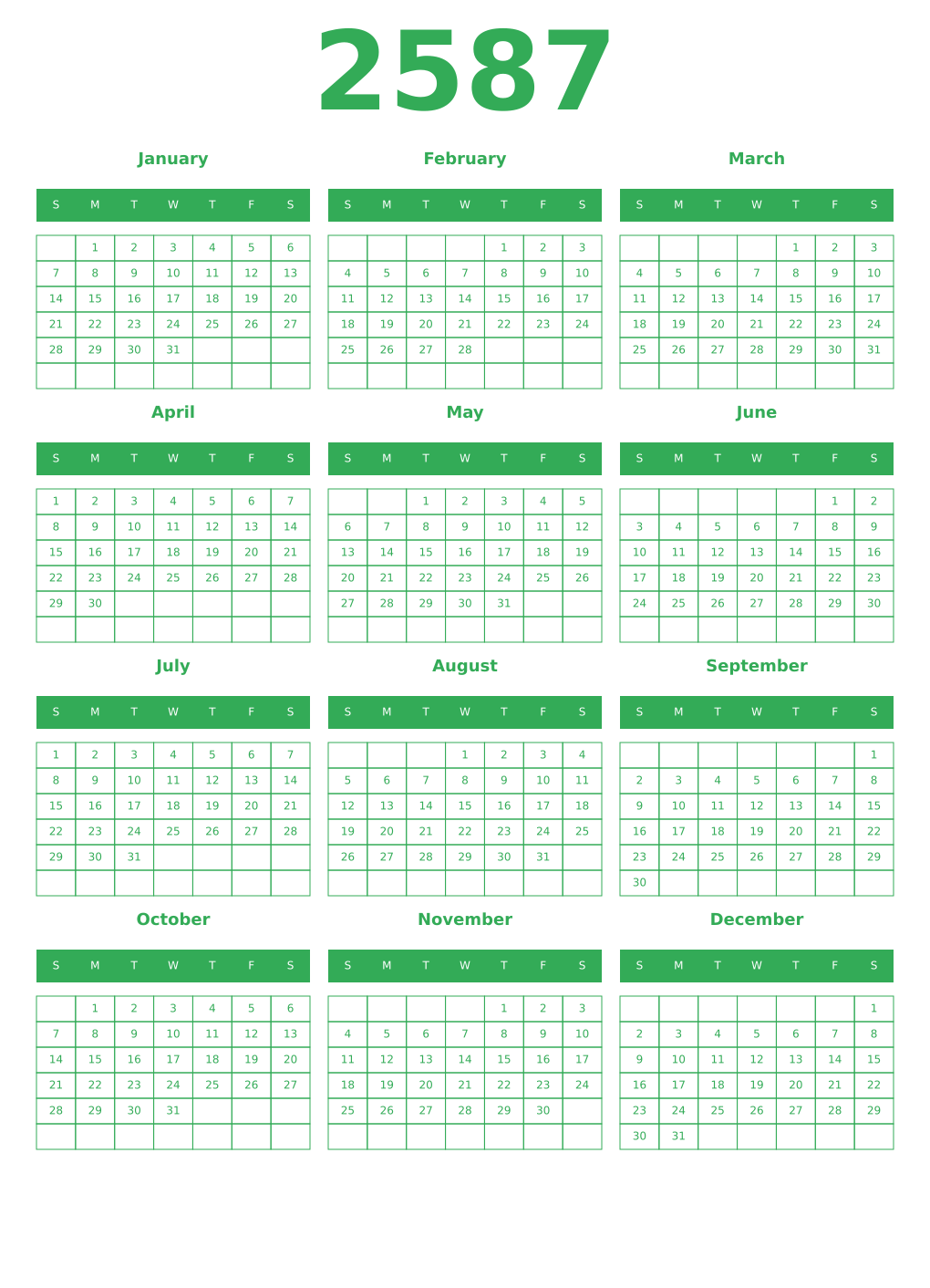 Printable 2587 Year Calendars green