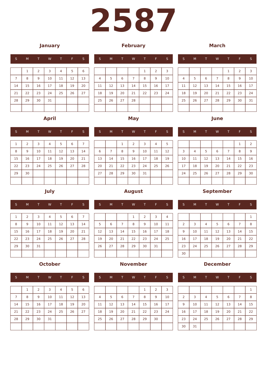 Printable 2587 Year Calendars mortuum