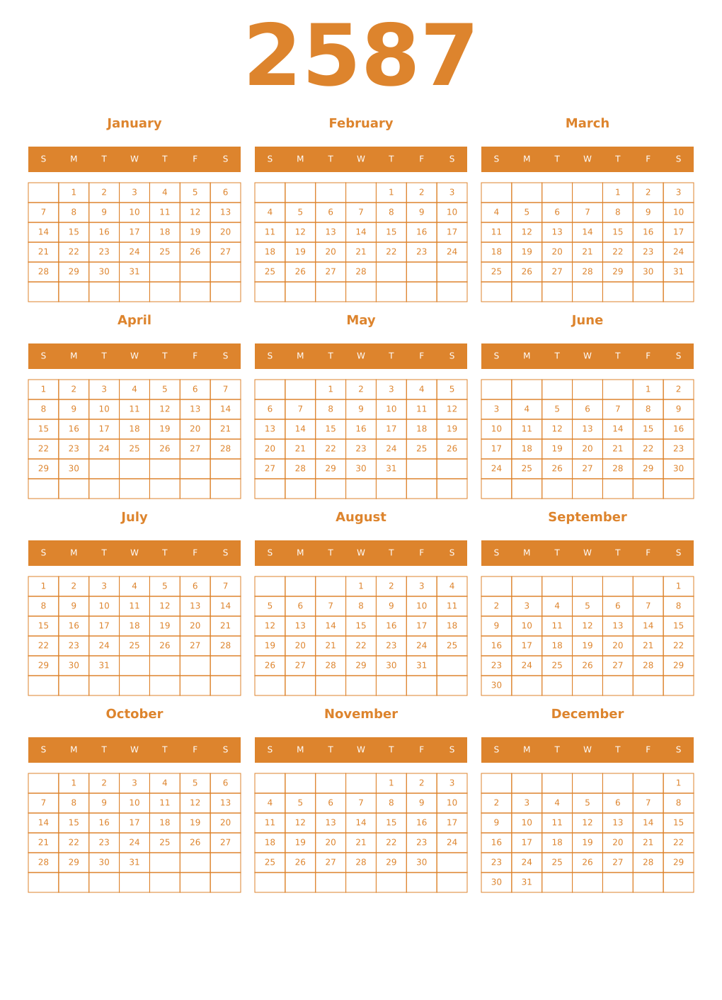 Printable 2587 Year Calendars orange