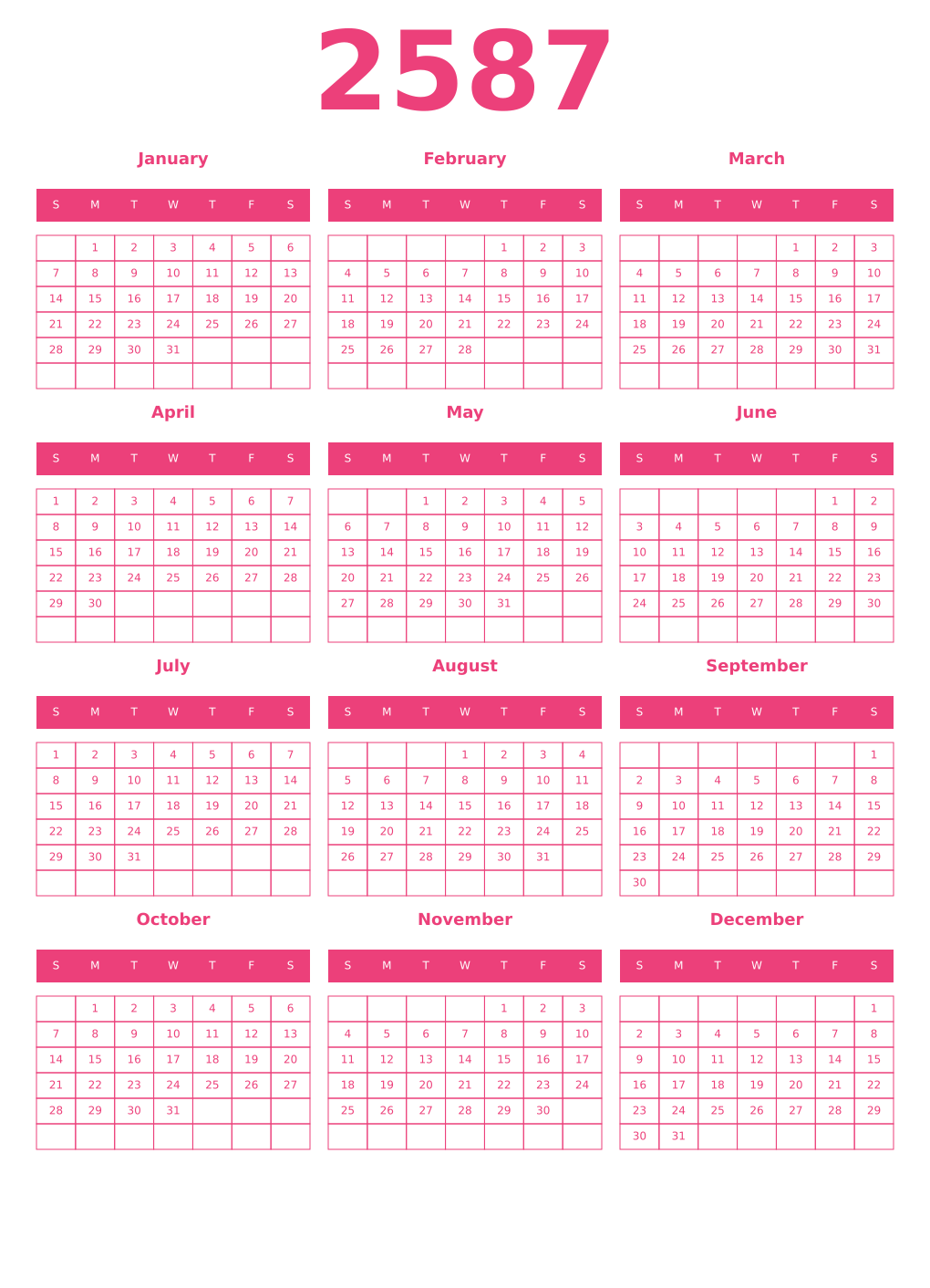 Printable 2587 Year Calendars pink