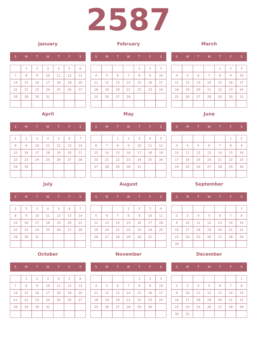 Printable 2587 Year Calendars puce