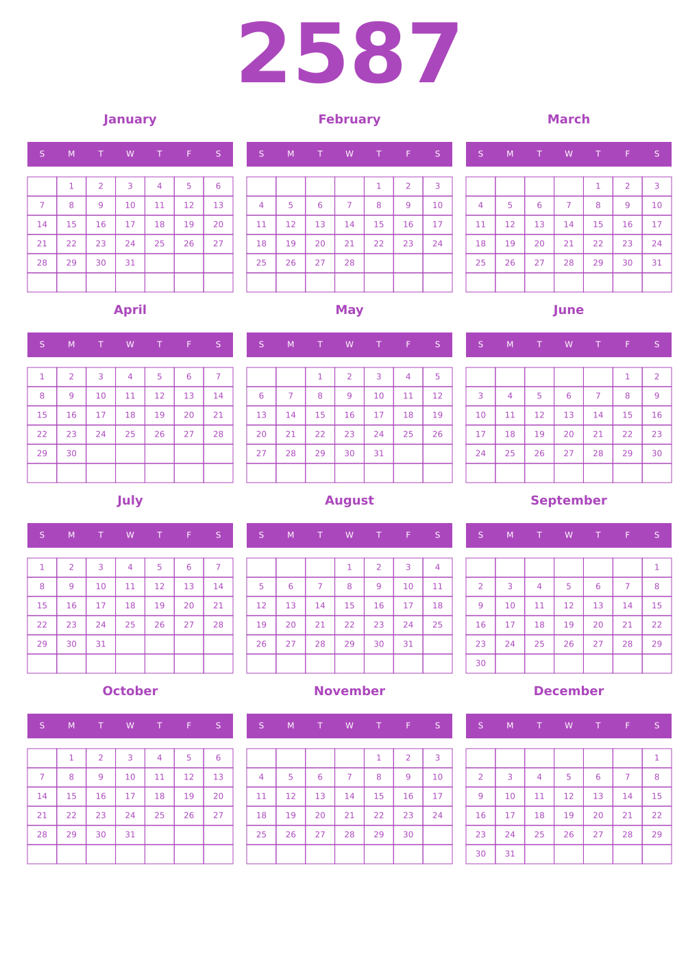 Printable 2587 Year Calendars purple