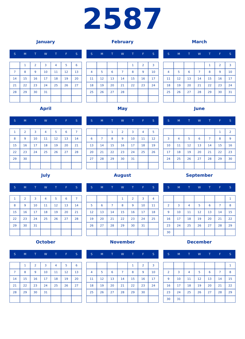 Printable 2587 Year Calendars smalt