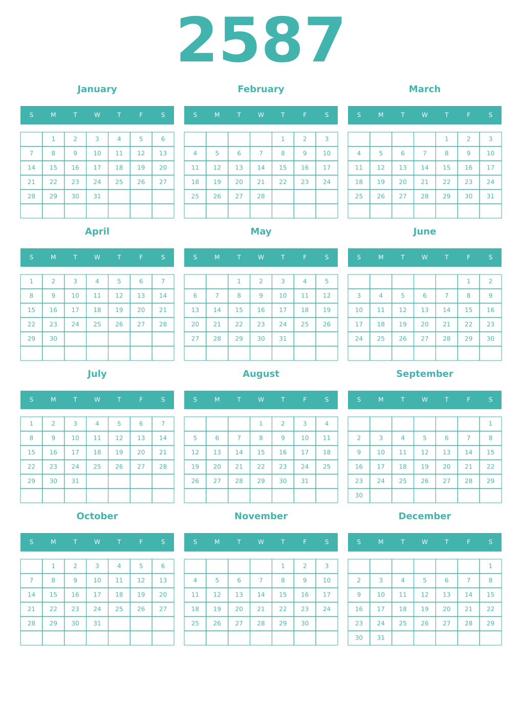 Printable 2587 Year Calendars verdigris