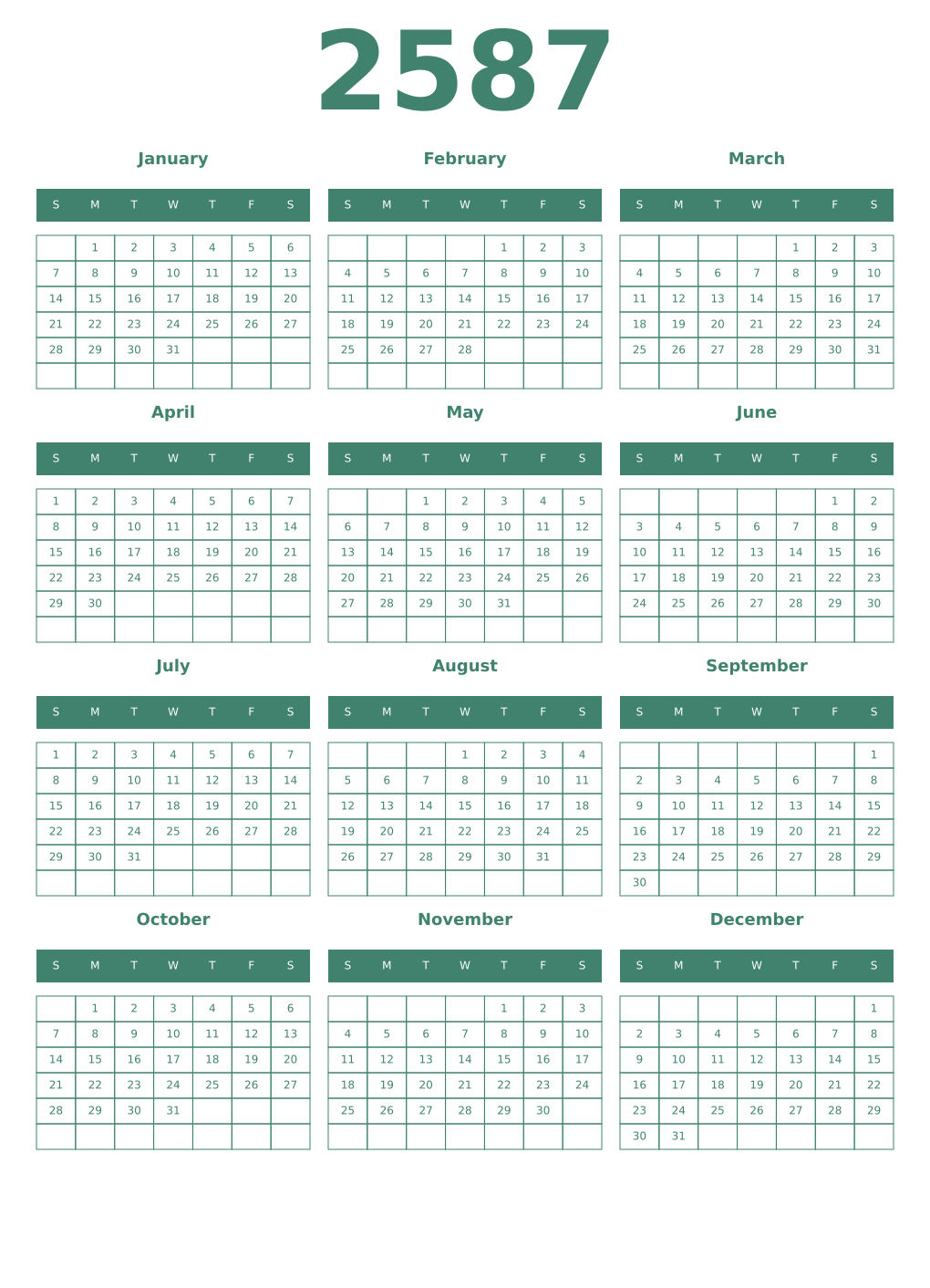 Printable 2587 Year Calendars viridian