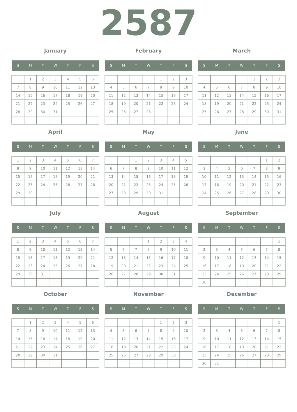 Printable 2587 Year Calendars xanadu