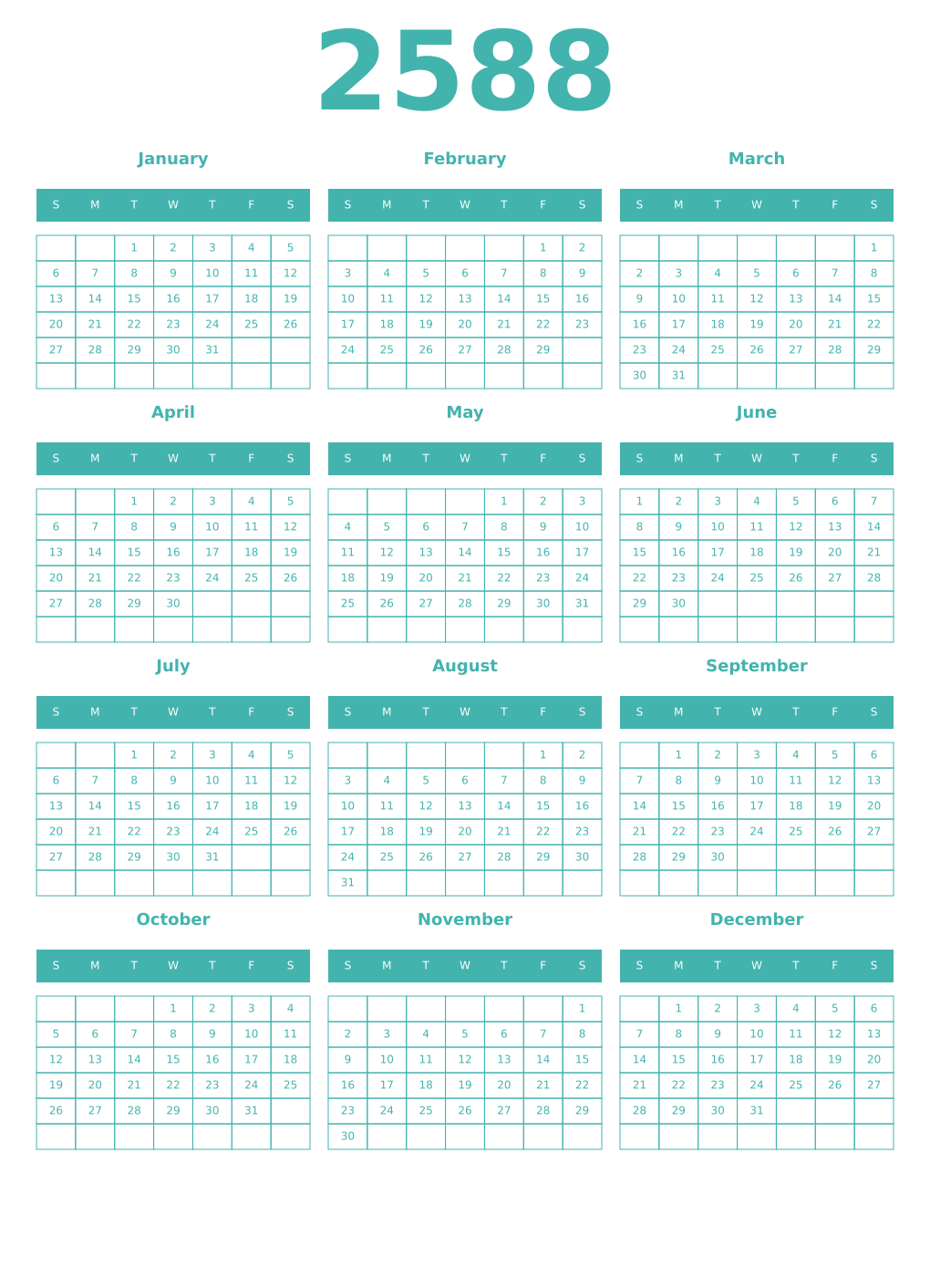 Printable 2588 Year Calendars verdigris
