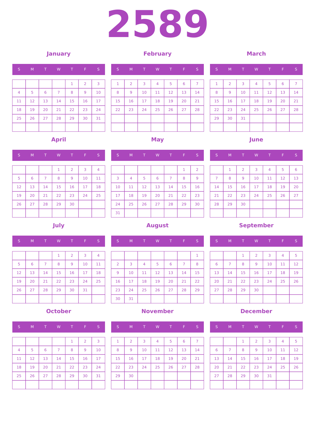 Printable 2589 Year Calendars purple