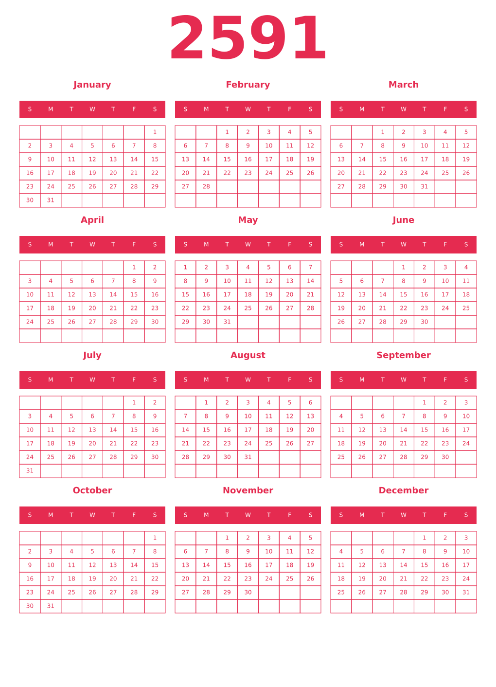 Printable 2591 Year Calendars amaranth