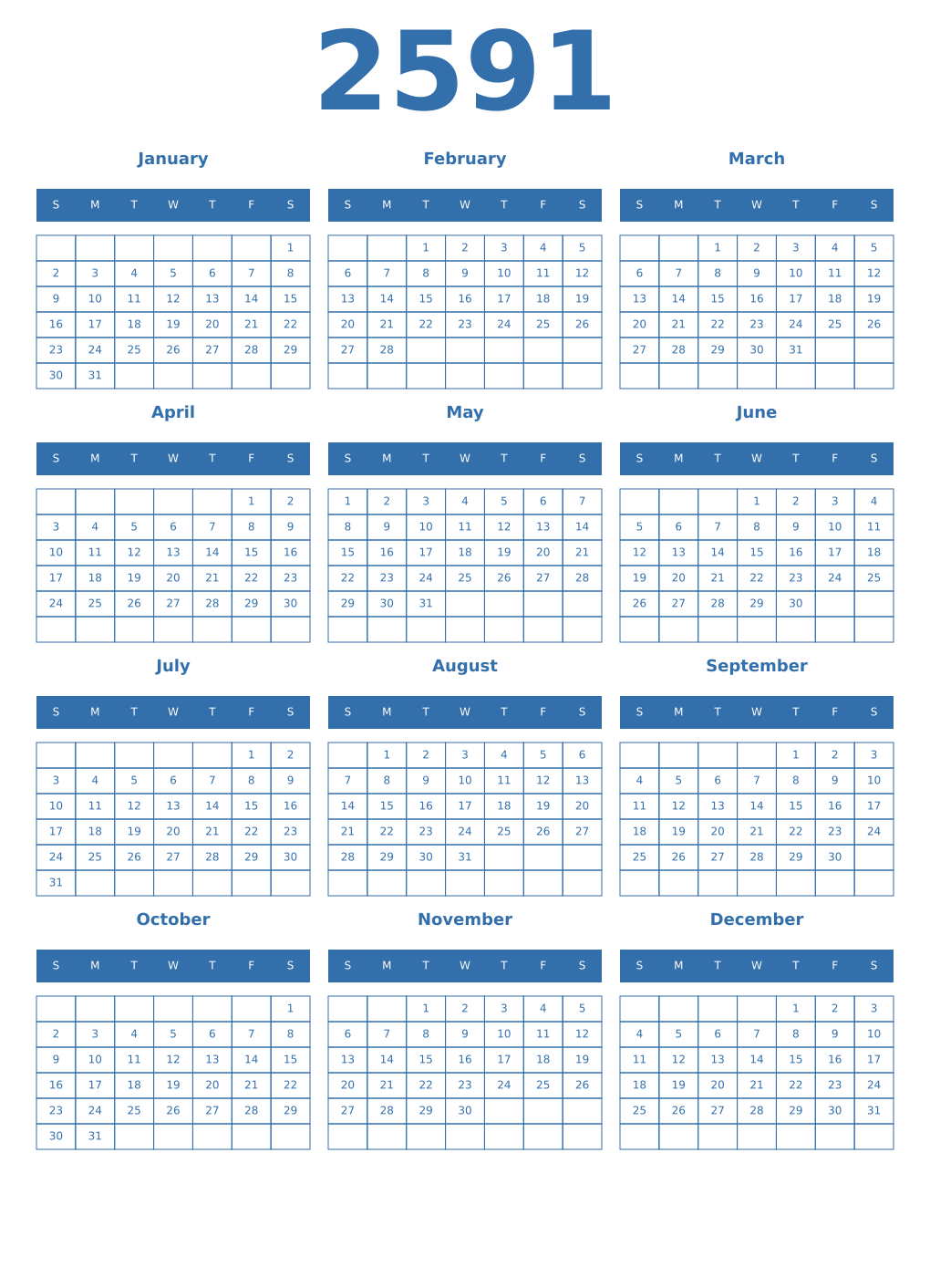 Printable 2591 Year Calendars blue