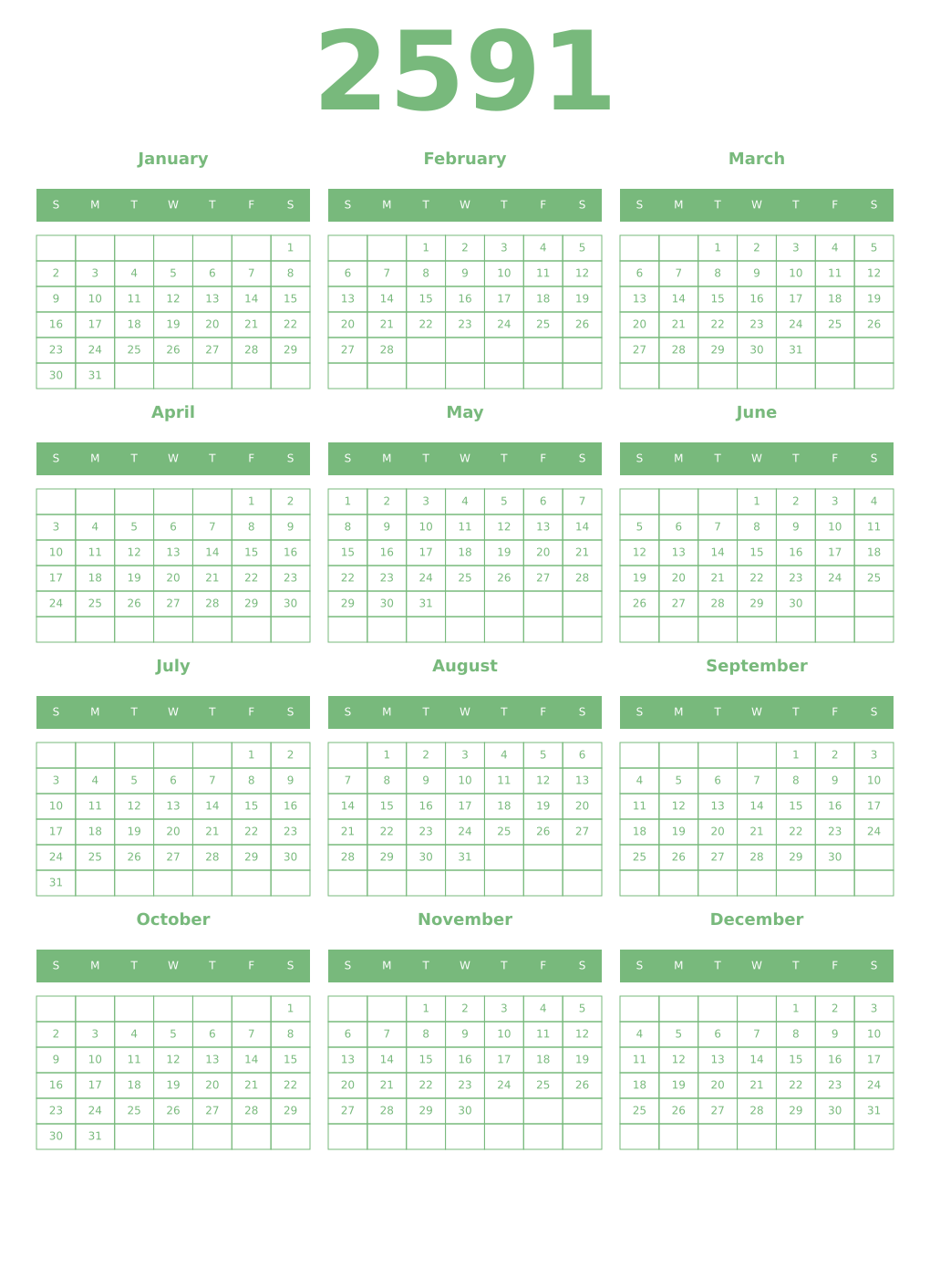 Printable 2591 Year Calendars celadon