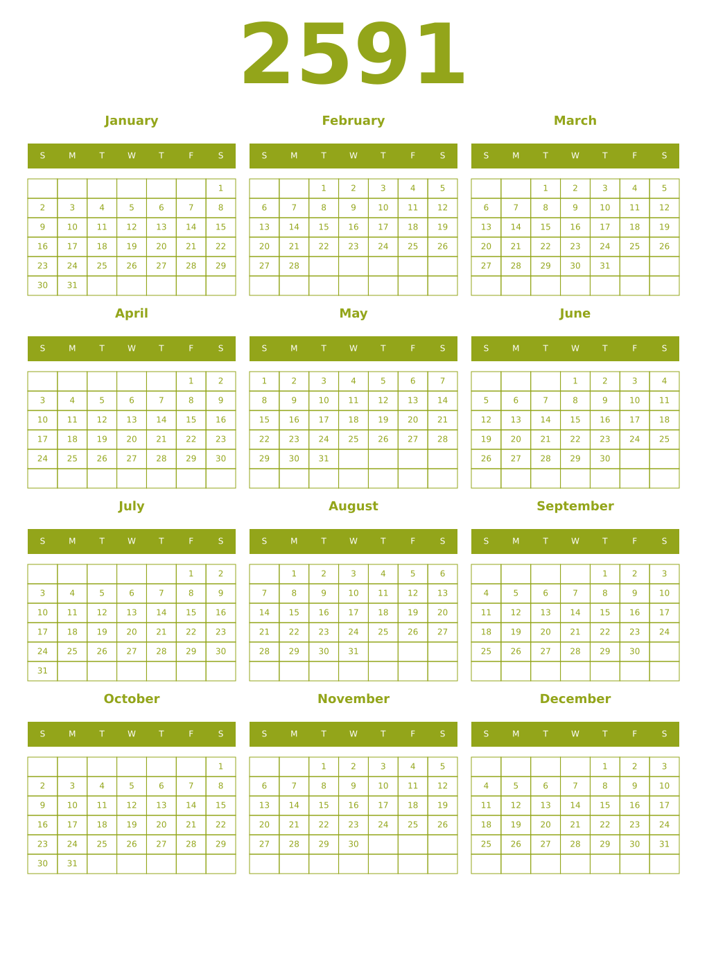 Printable 2591 Year Calendars chartreuse