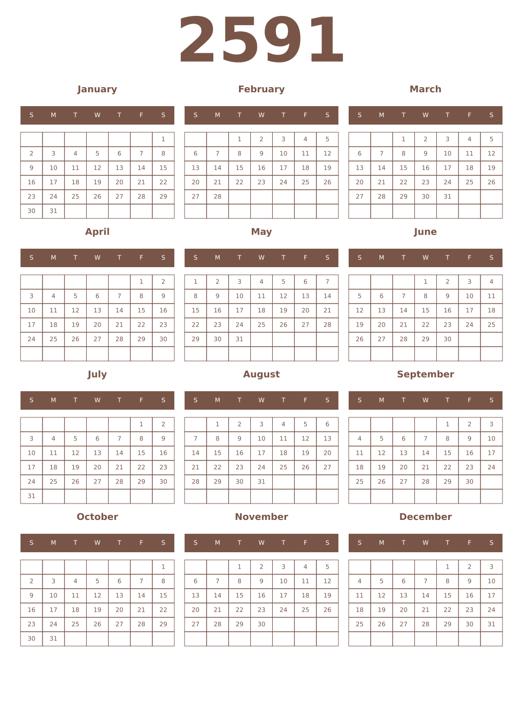 Printable 2591 Year Calendars coffe