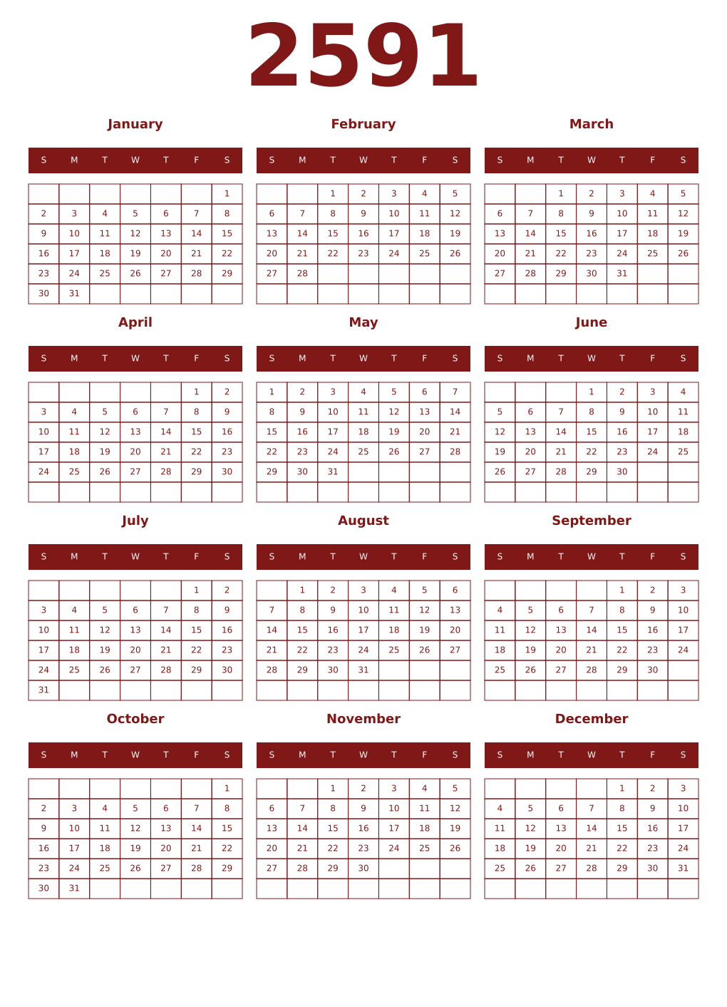 Printable 2591 Year Calendars falu