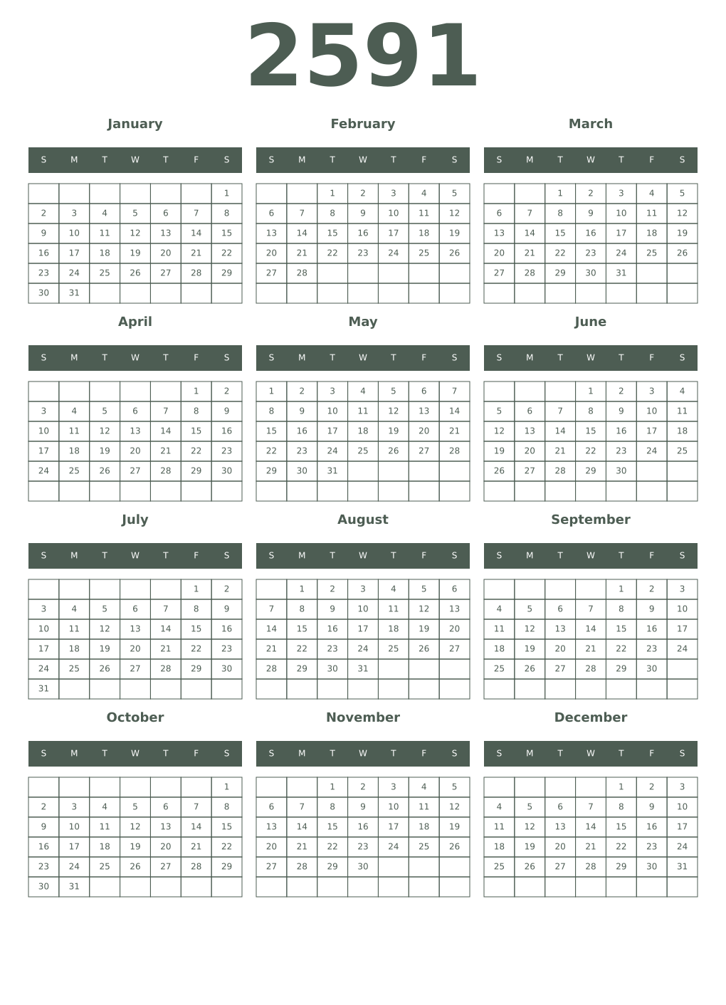 Printable 2591 Year Calendars feldgrau