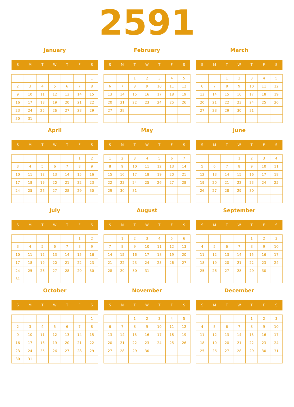Printable 2591 Year Calendars gamboge