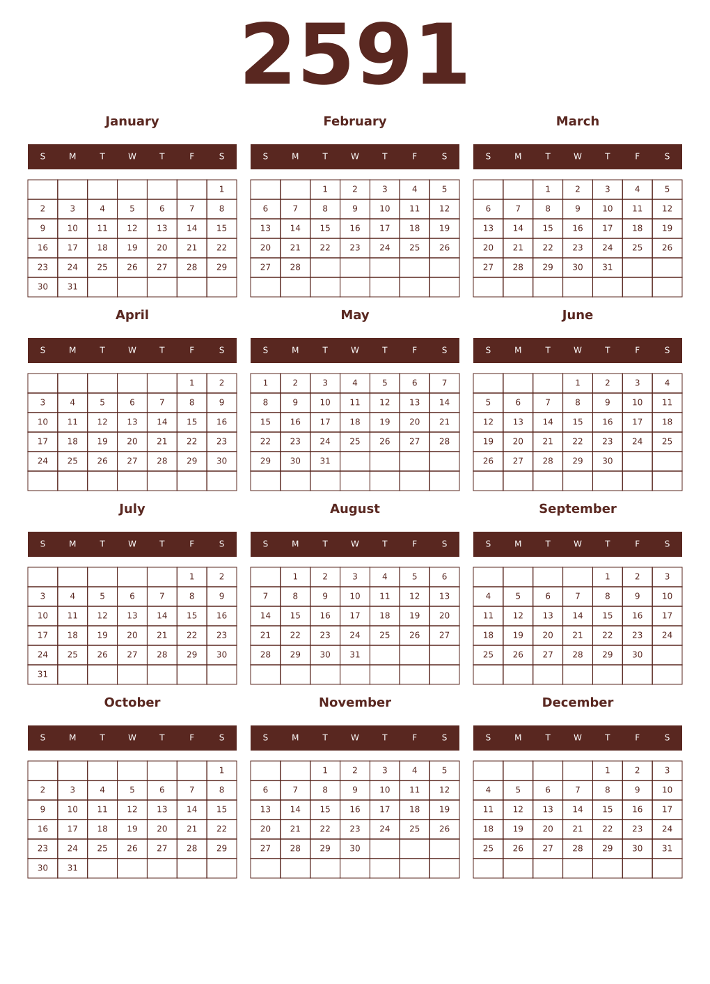 Printable 2591 Year Calendars mortuum