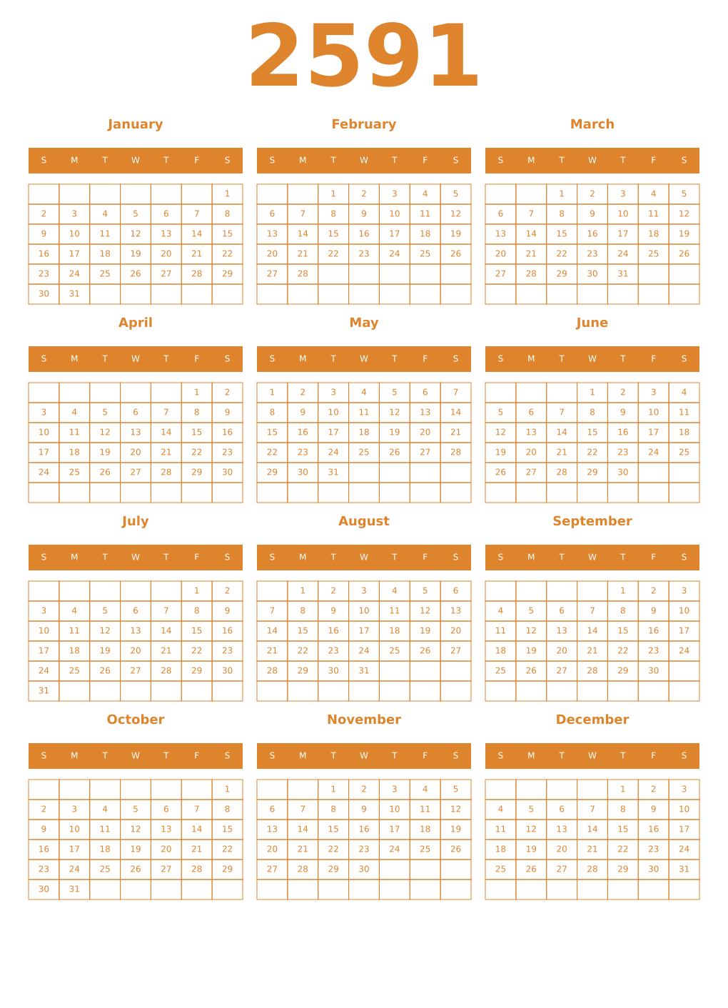 Printable 2591 Year Calendars orange
