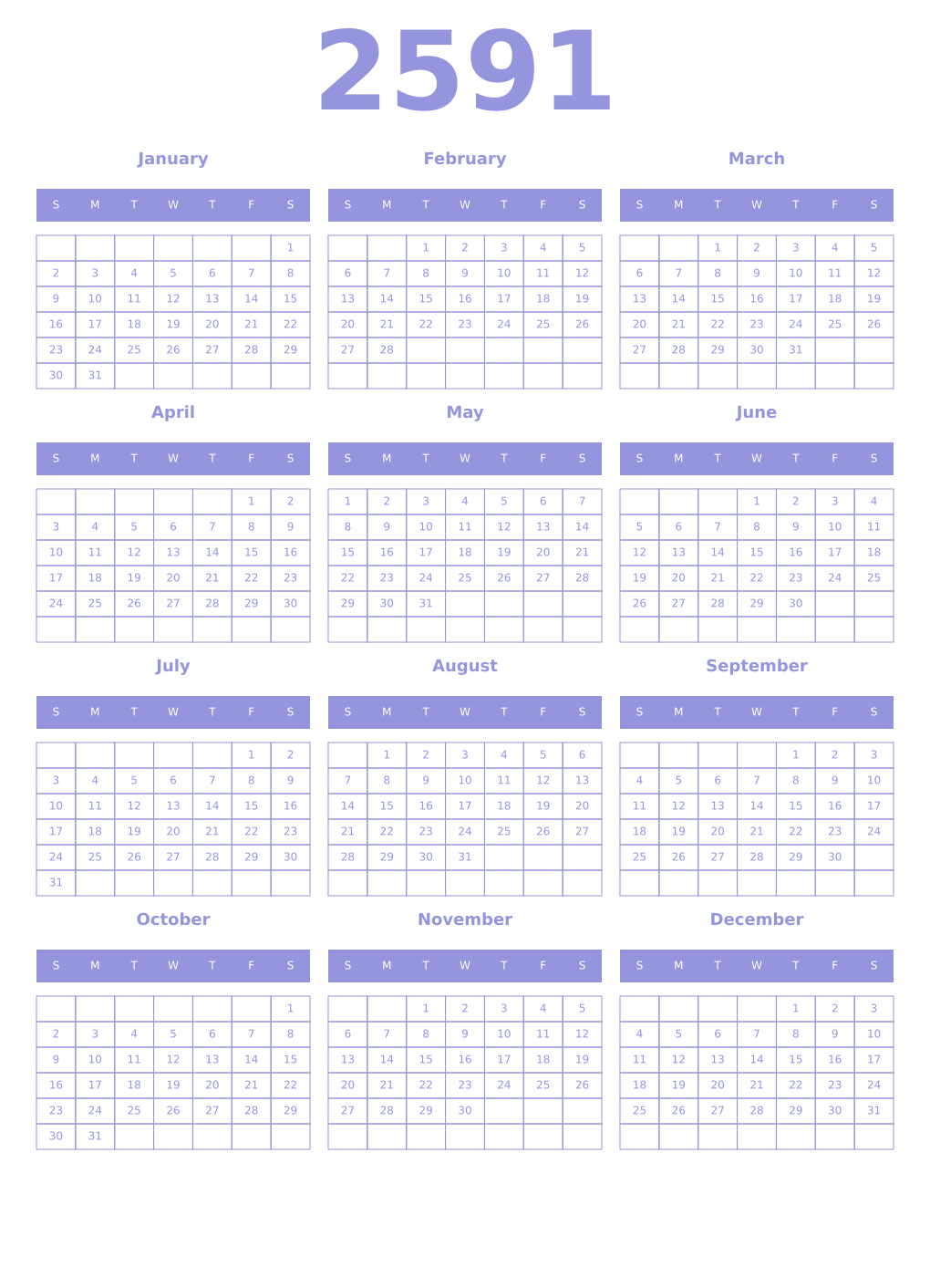 Printable 2591 Year Calendars periwinkle