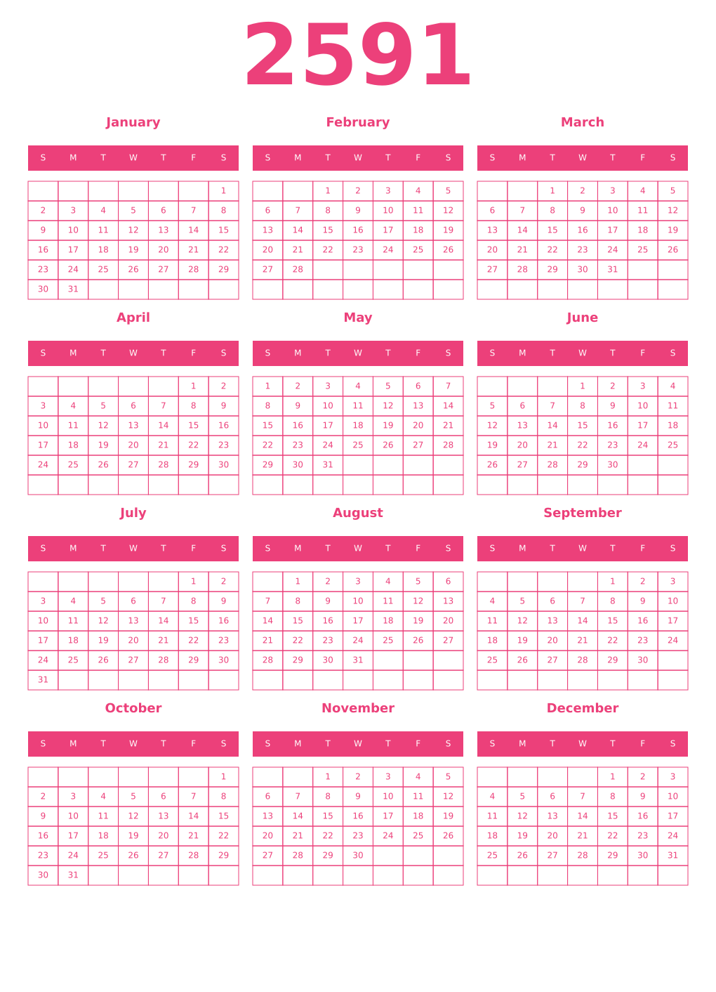 Printable 2591 Year Calendars pink