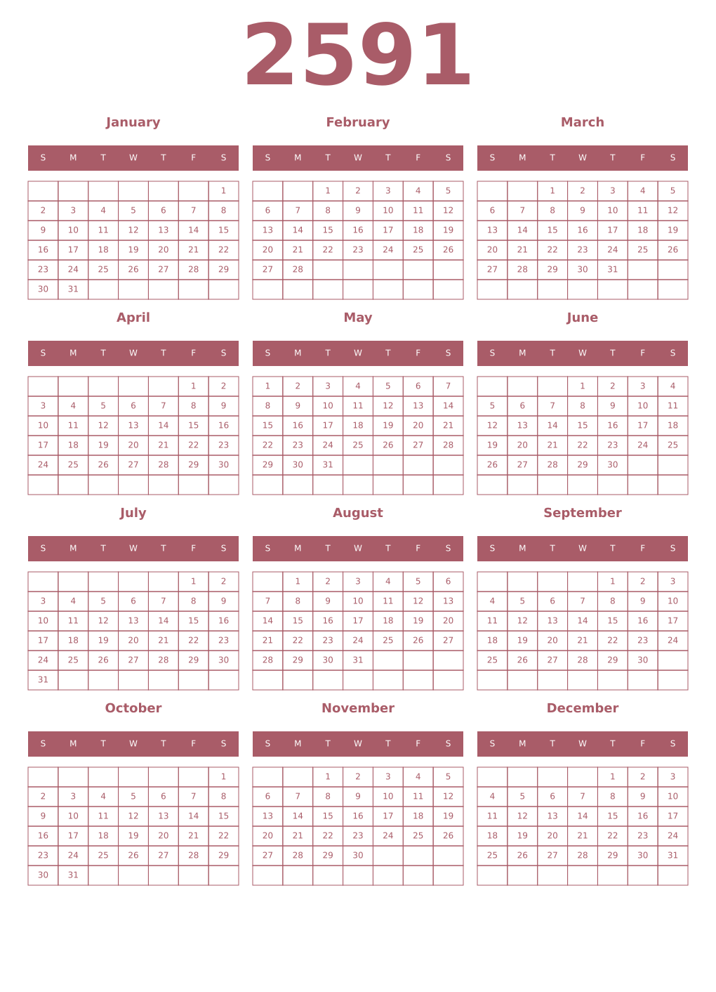 Printable 2591 Year Calendars puce