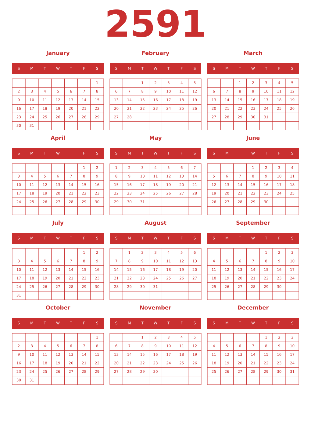 Printable 2591 Year Calendars red