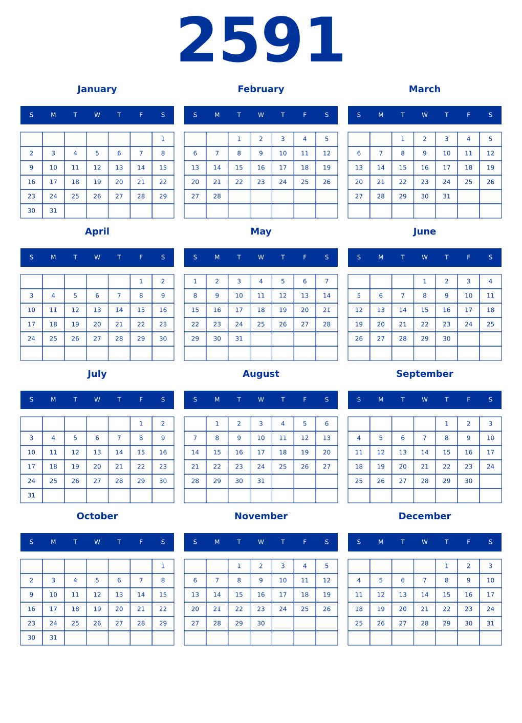 Printable 2591 Year Calendars smalt