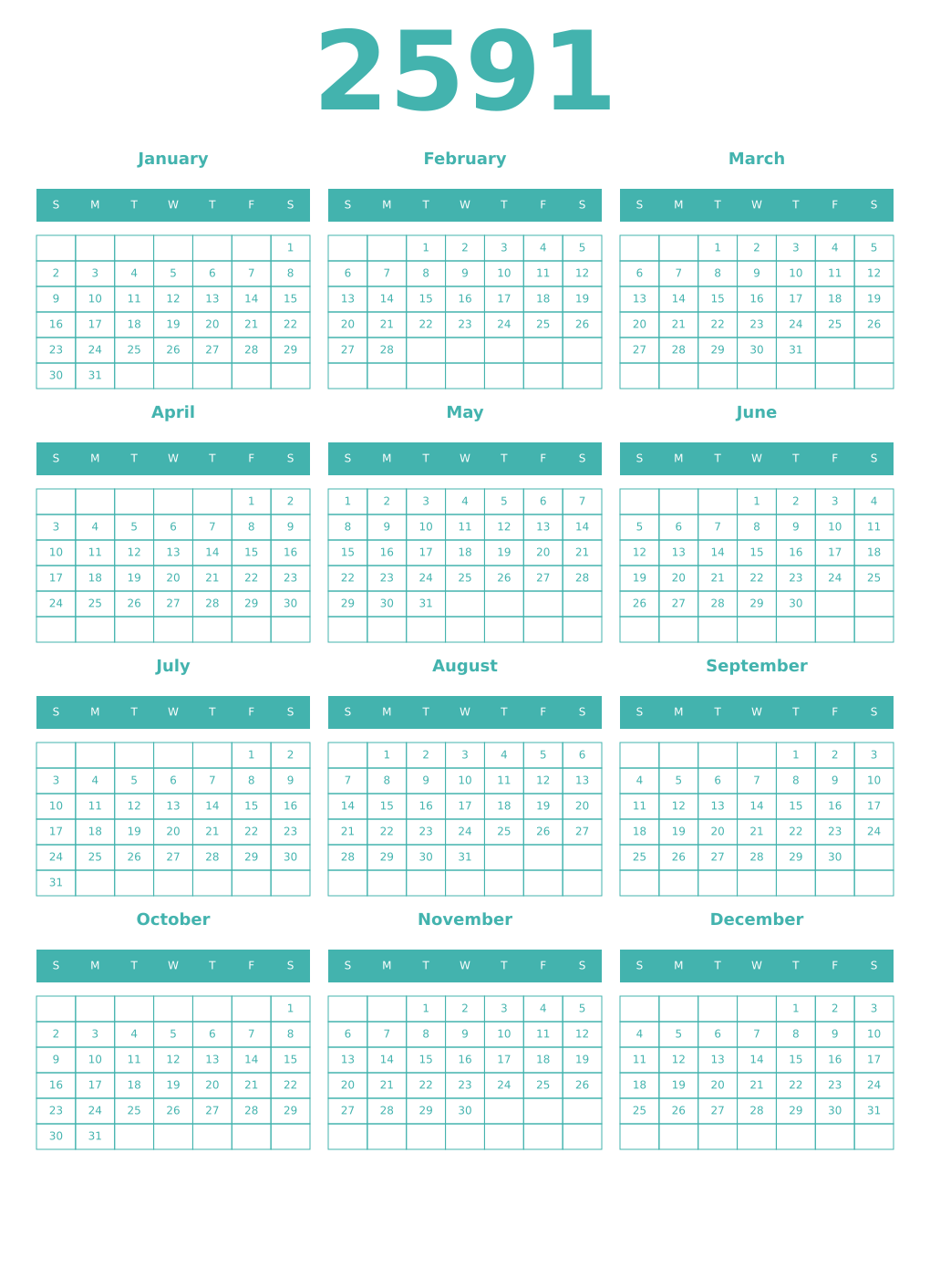 Printable 2591 Year Calendars verdigris
