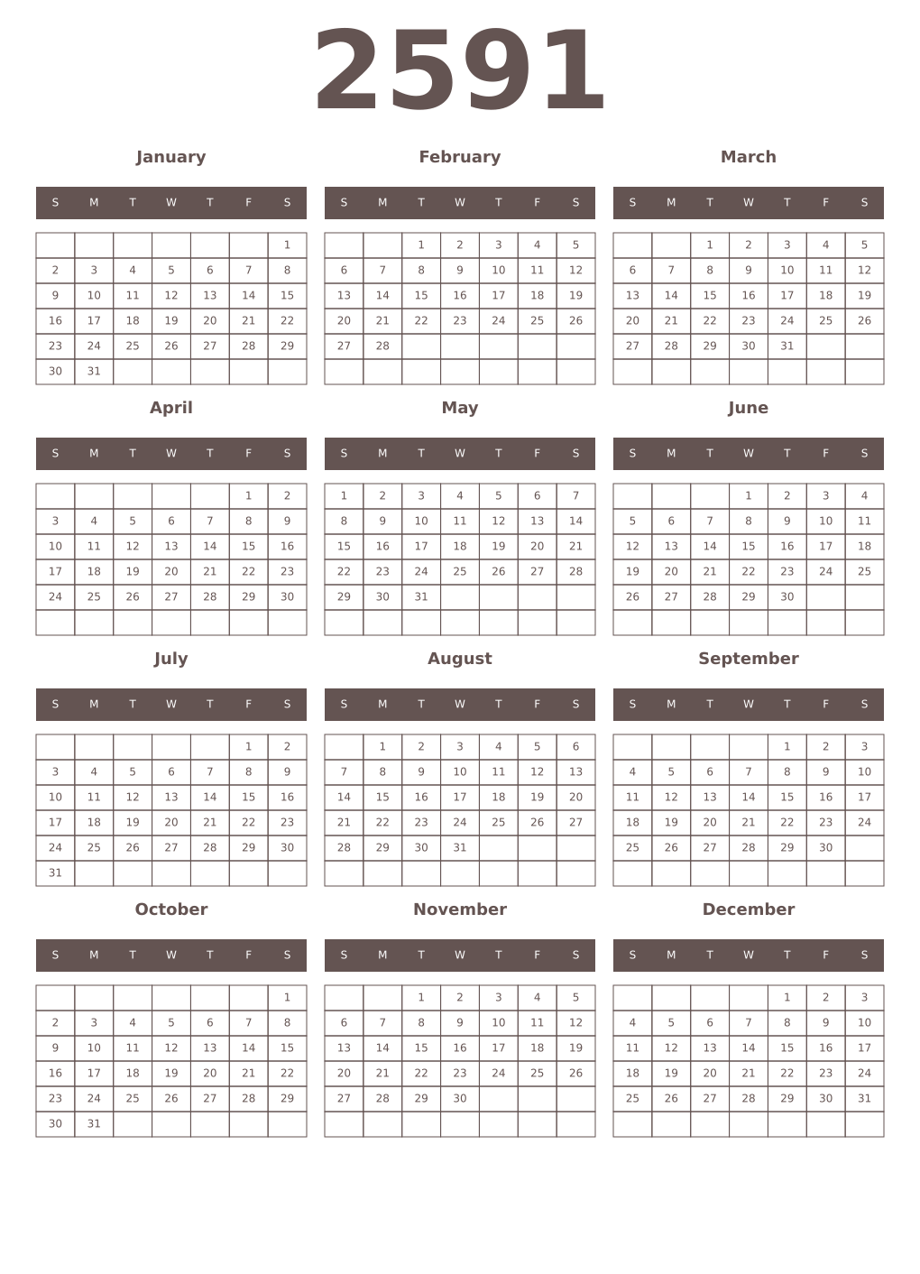 Printable 2591 Year Calendars wenge