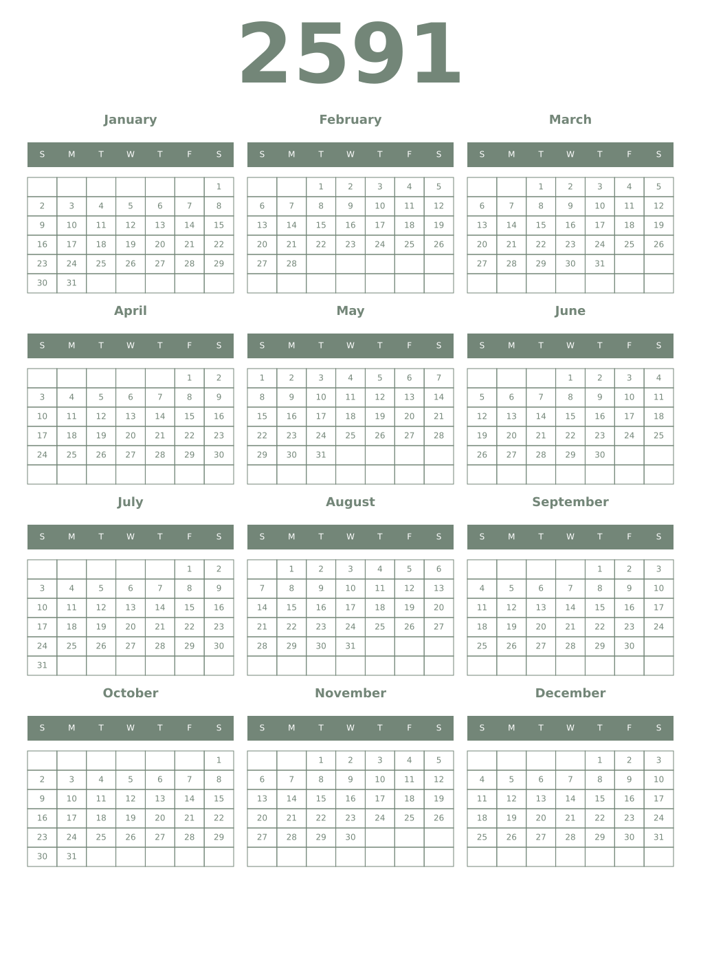 Printable 2591 Year Calendars xanadu