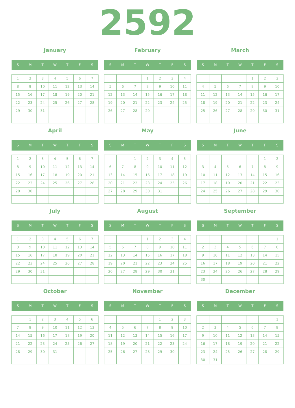 Printable 2592 Year Calendars celadon