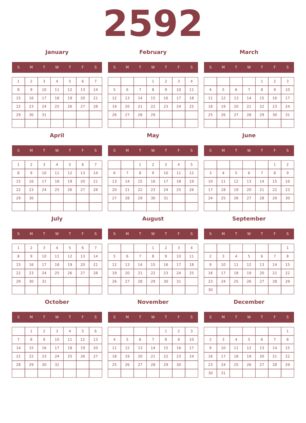 Printable 2592 Year Calendars cordovan