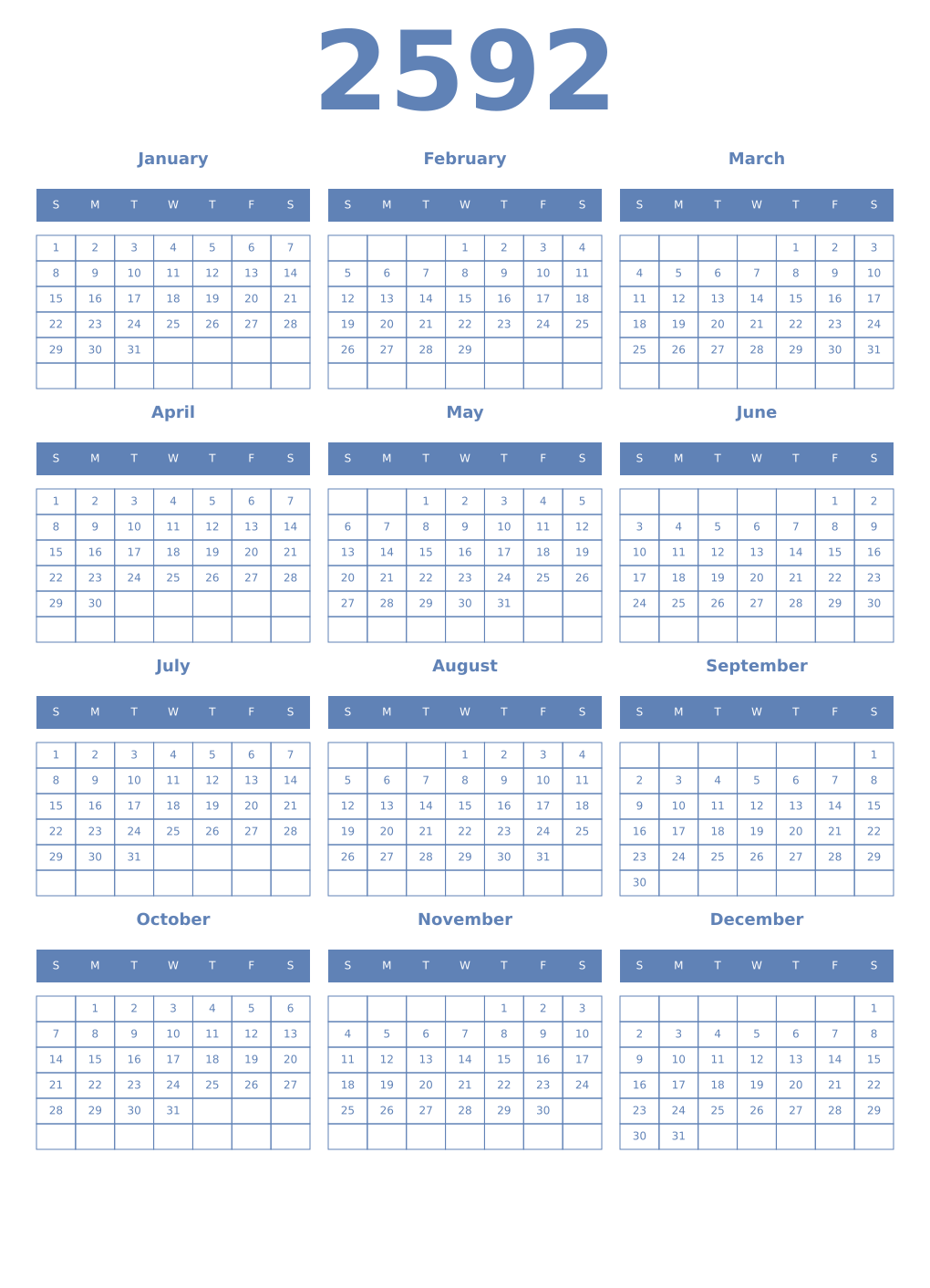 Printable 2592 Year Calendars glaucous