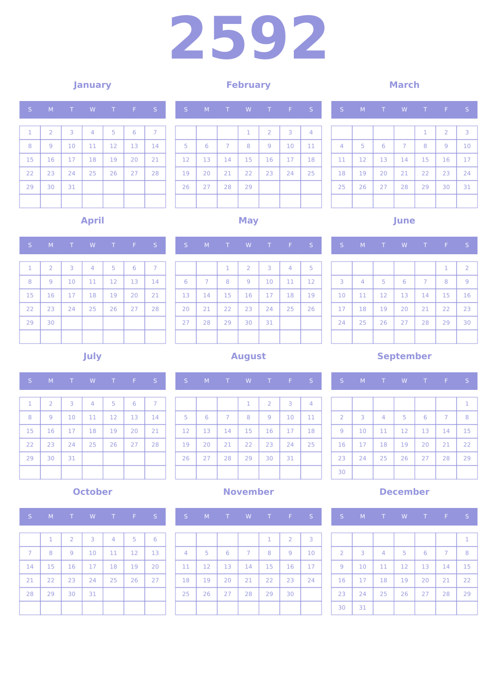 Printable 2592 Year Calendars periwinkle