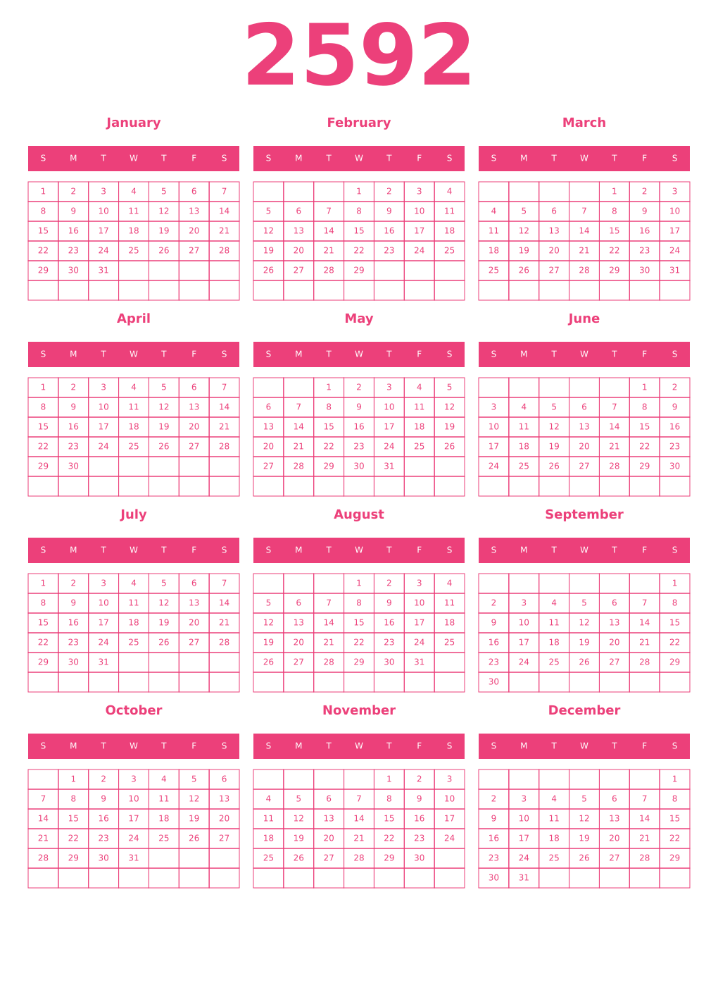Printable 2592 Year Calendars pink
