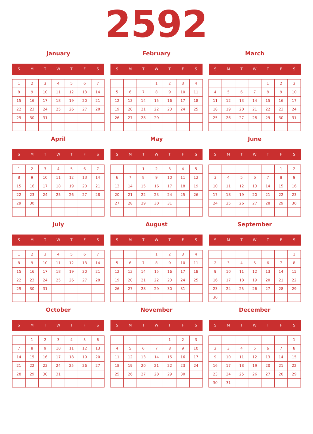 Printable 2592 Year Calendars red