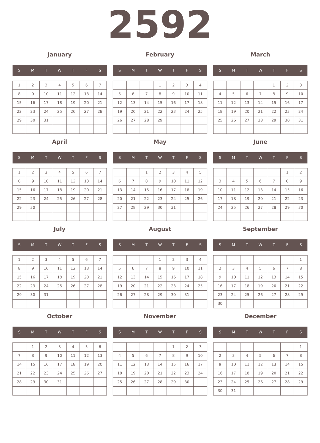 Printable 2592 Year Calendars wenge