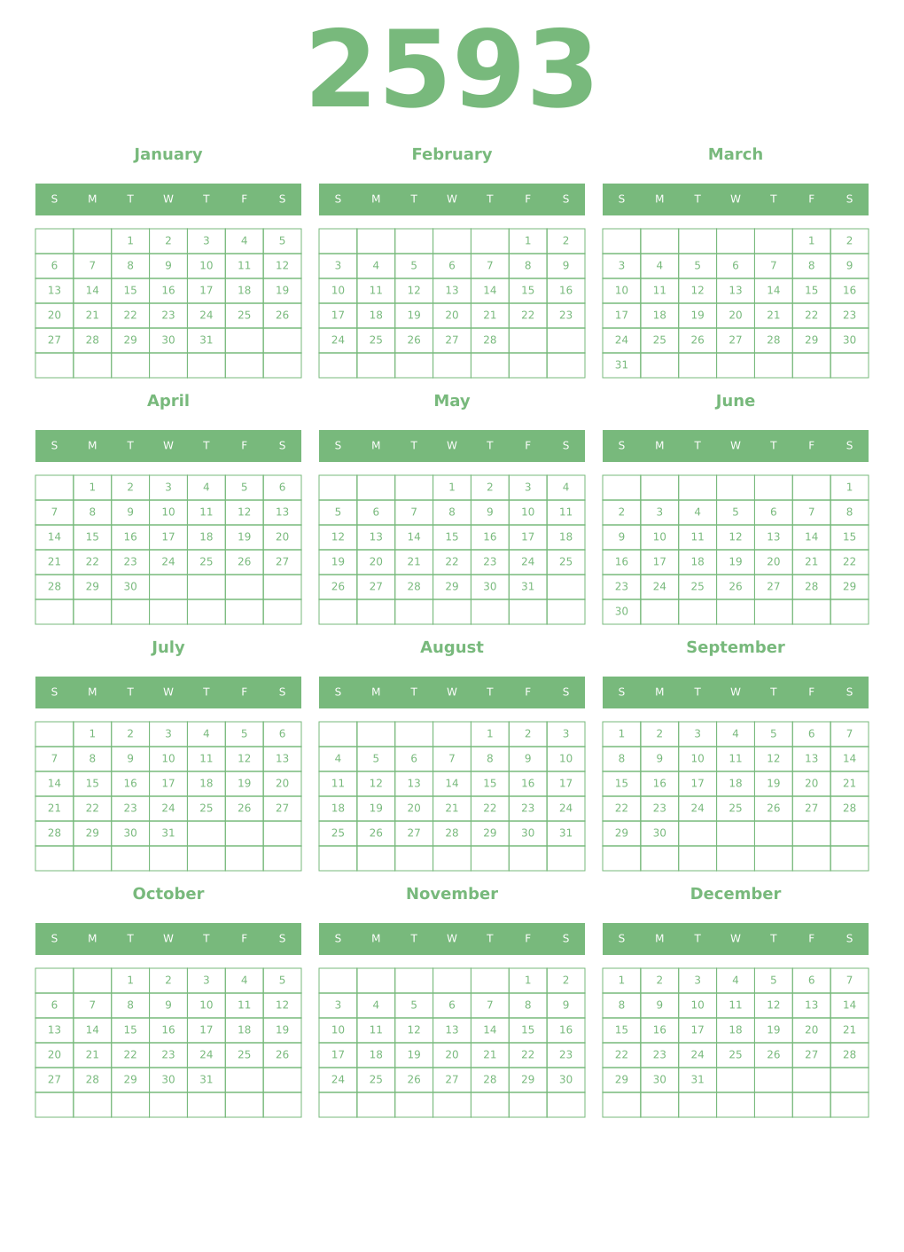 Printable 2593 Year Calendars celadon