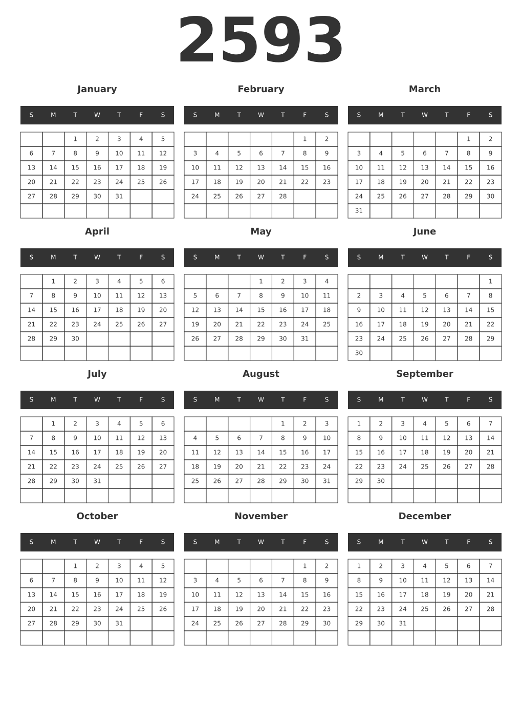 Printable 2593 Year Calendars dark