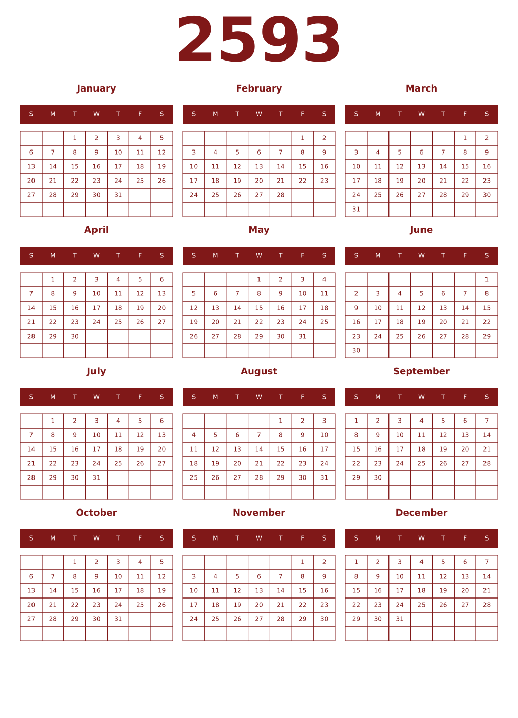 Printable 2593 Year Calendars falu