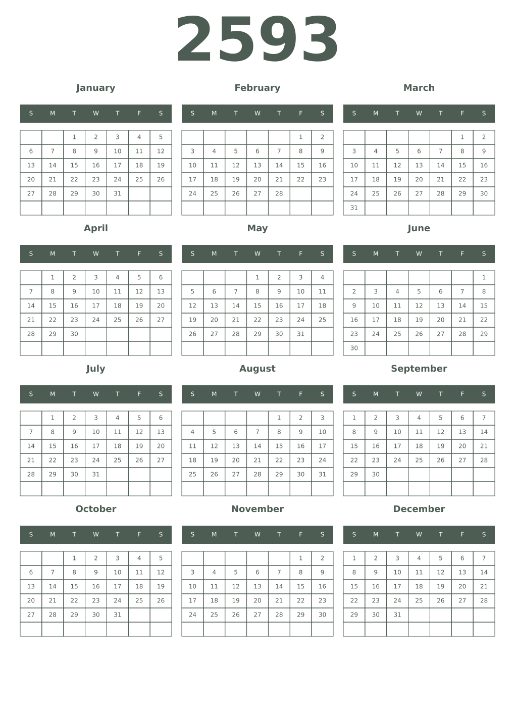 Printable 2593 Year Calendars feldgrau
