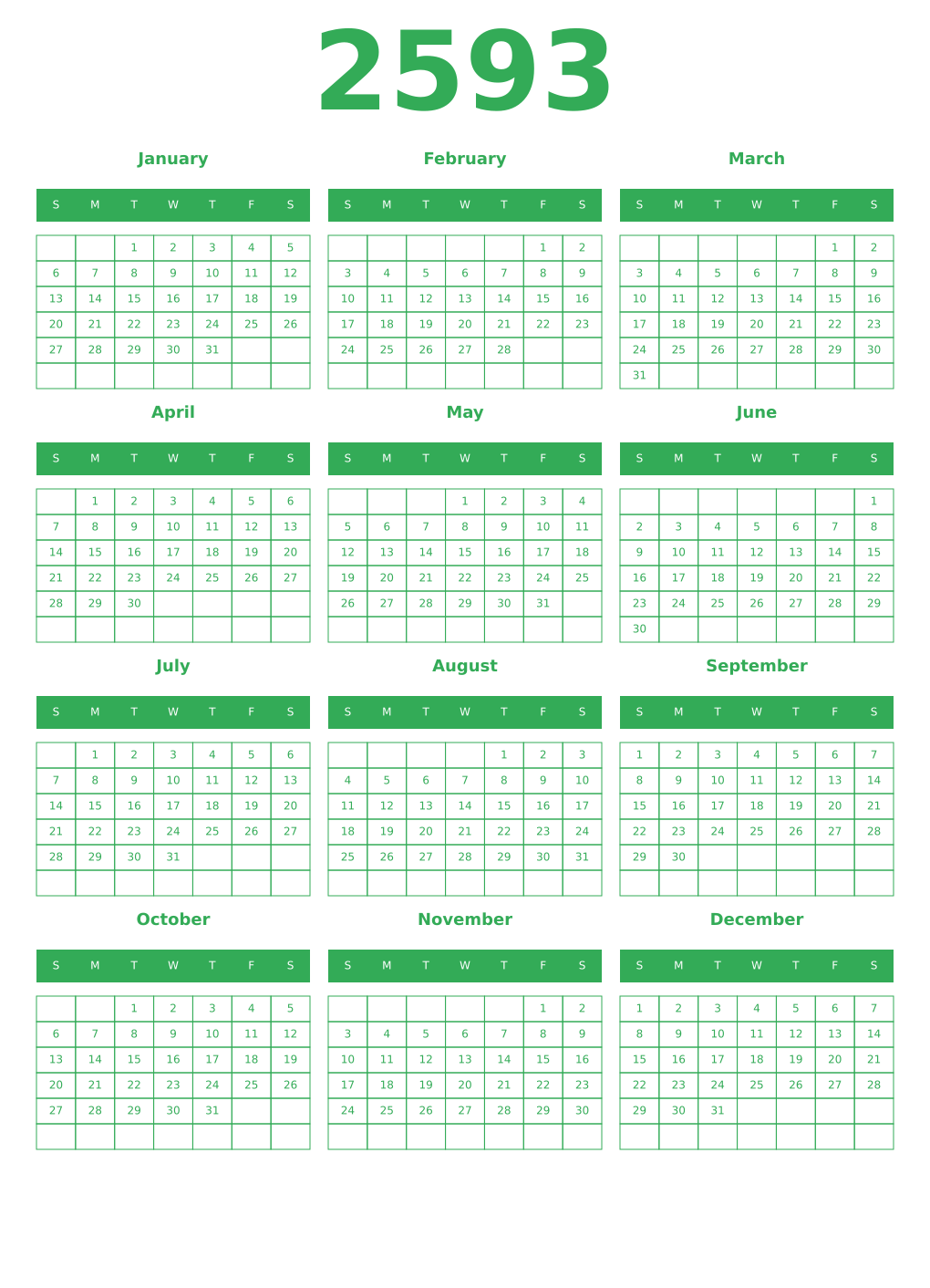 Printable 2593 Year Calendars green