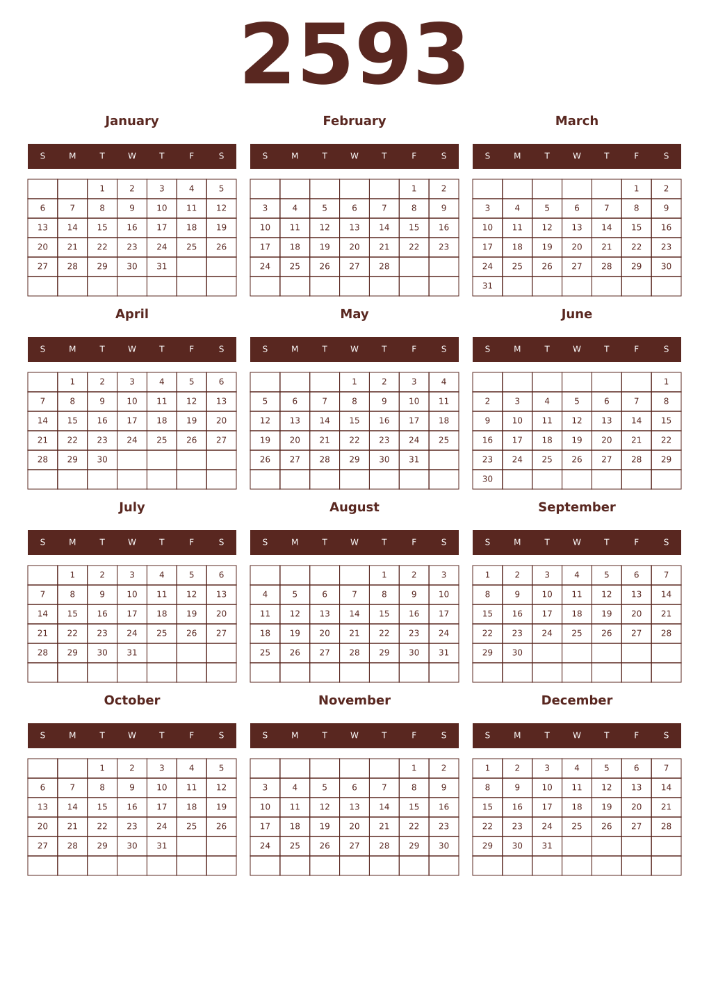 Printable 2593 Year Calendars mortuum